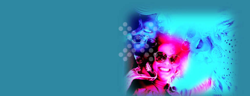 A blue background with a woman's face on it.