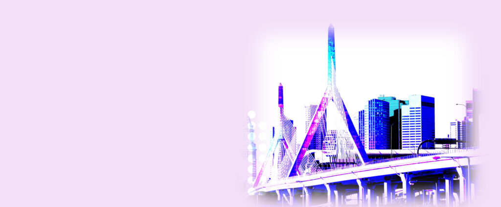A purple background with a skyscraper.