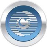 A blue and silver button with a circle in the middle.