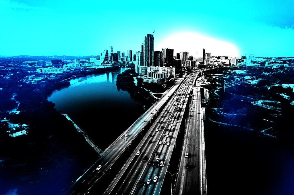 An aerial view of a city.